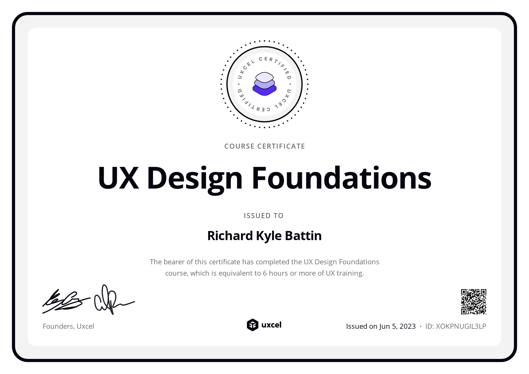 Richard Kyle Battin's certificate